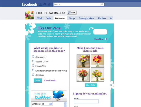 1800flowers dans les exemples pages fans facebook