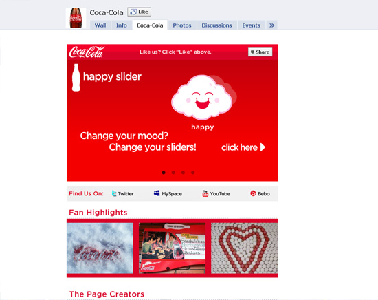 Cocacola dans les exemples pages fans facebook